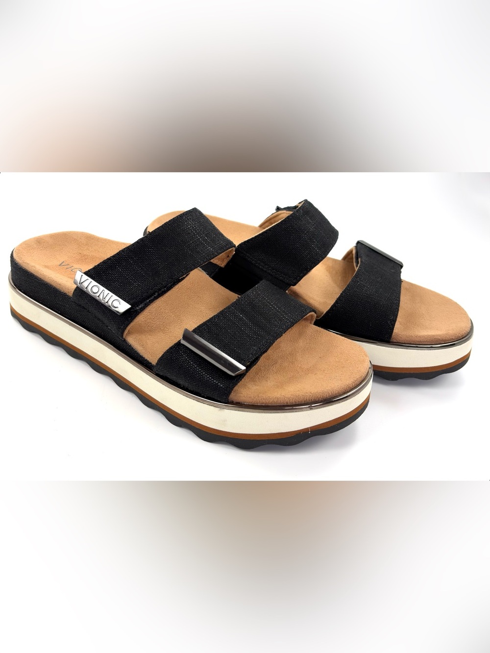 Vionic Womens Brandie Platform Sandals Black Linen Velcro Comfort Shoes 8